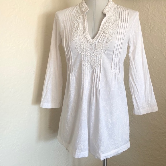 Lilly Pulitzer Sarasota White Beaded Pleated Patterned Tunic Top XS Blouse - Picture 2 of 16
